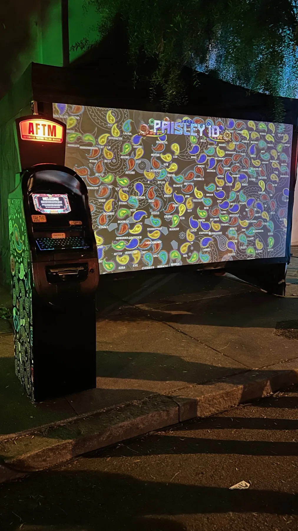 An AFTM in front of the aquarium screen packed with paisleys