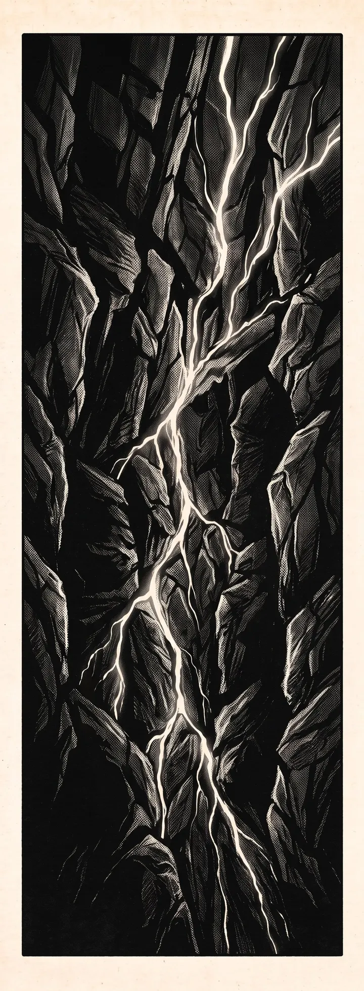 A basalt cliff with veins of white light running through the stone.