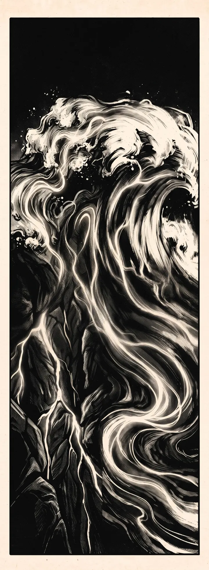 A breaking wave with threads of white light moving inside the water.