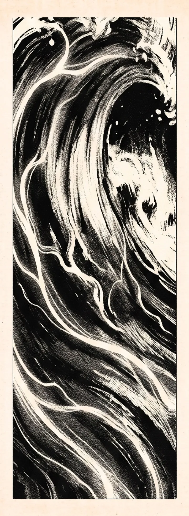 A breaking wave with threads of white light moving inside the water.