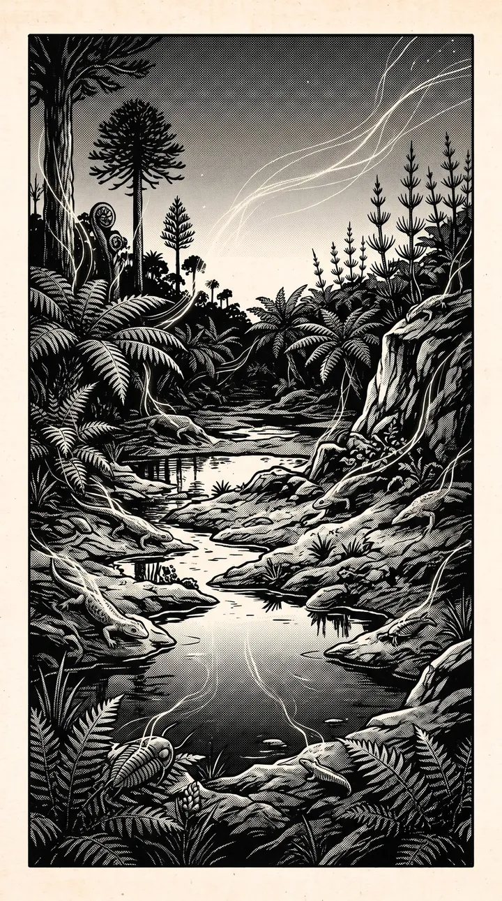A primordial landscape at dusk: giant ferns, a still stream, light streaking across the sky.