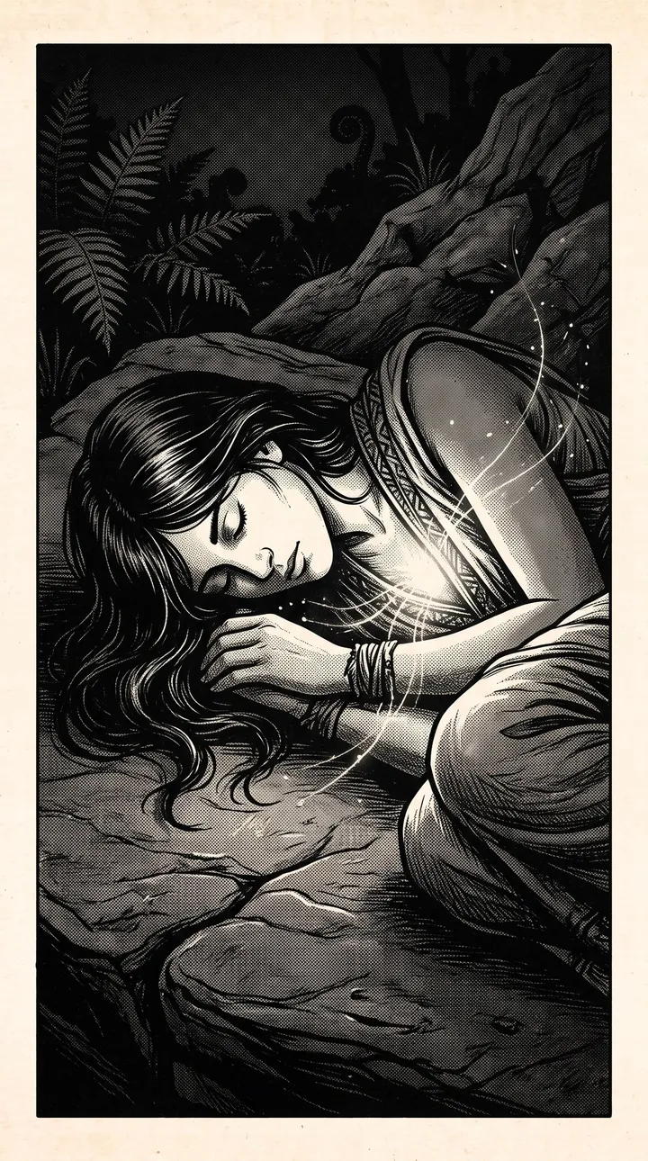 A figure asleep on flat stone, hair across their face, a faint glow at their chest.