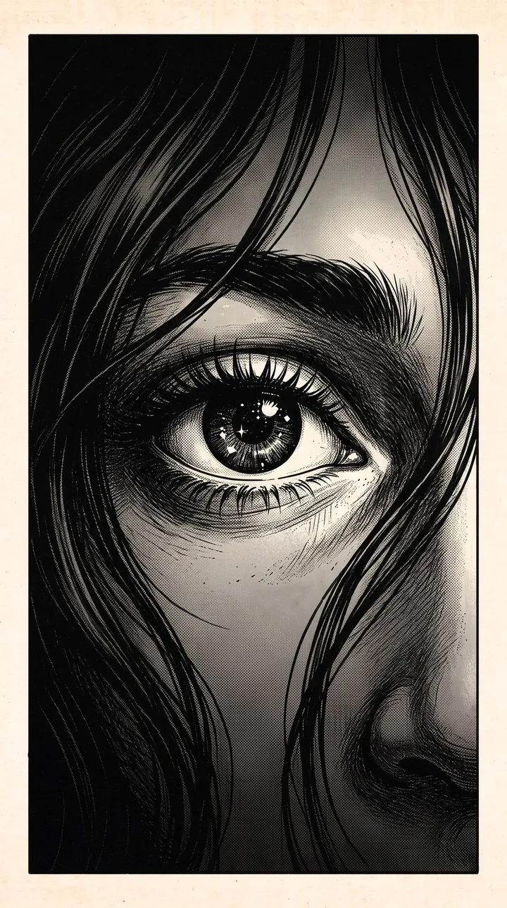 Extreme close-up of an eye opening, starlight caught in the pupil, strands of dark hair across the face.