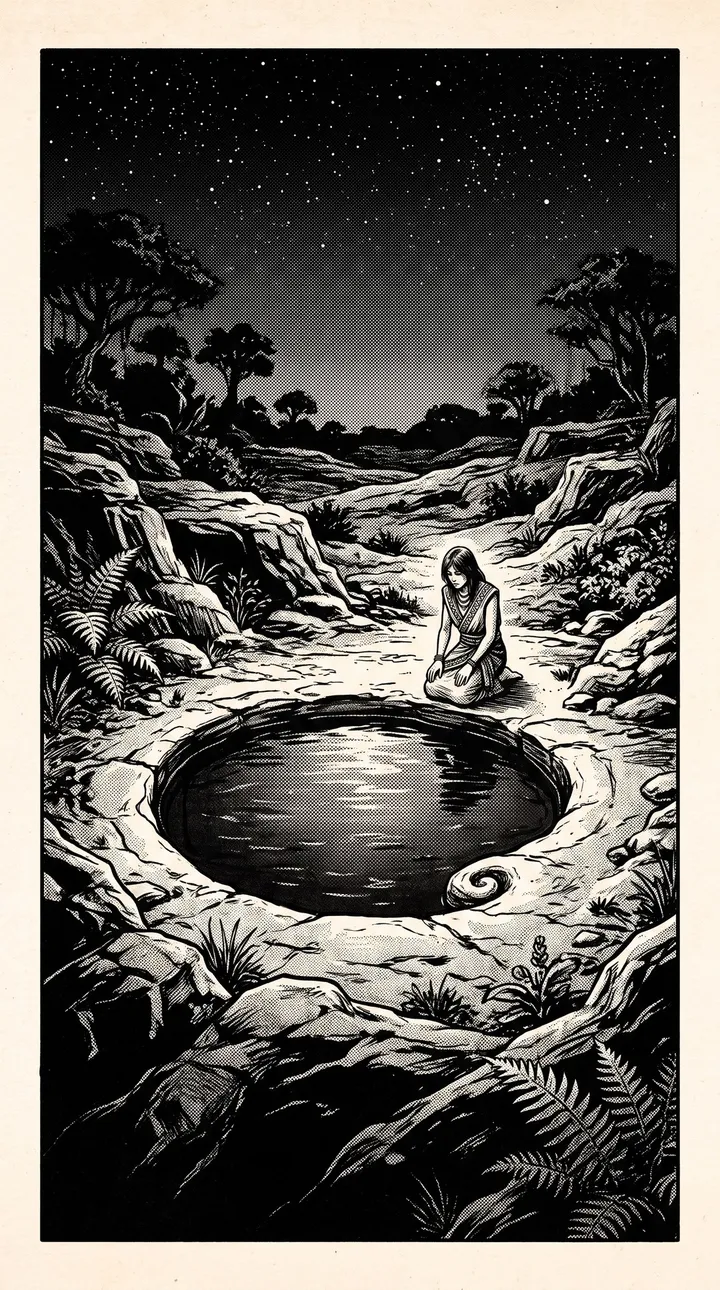 Seen from high above, a lone figure kneels at the edge of a small round pool in rough stone at night. The rim curls into a small spiral.
