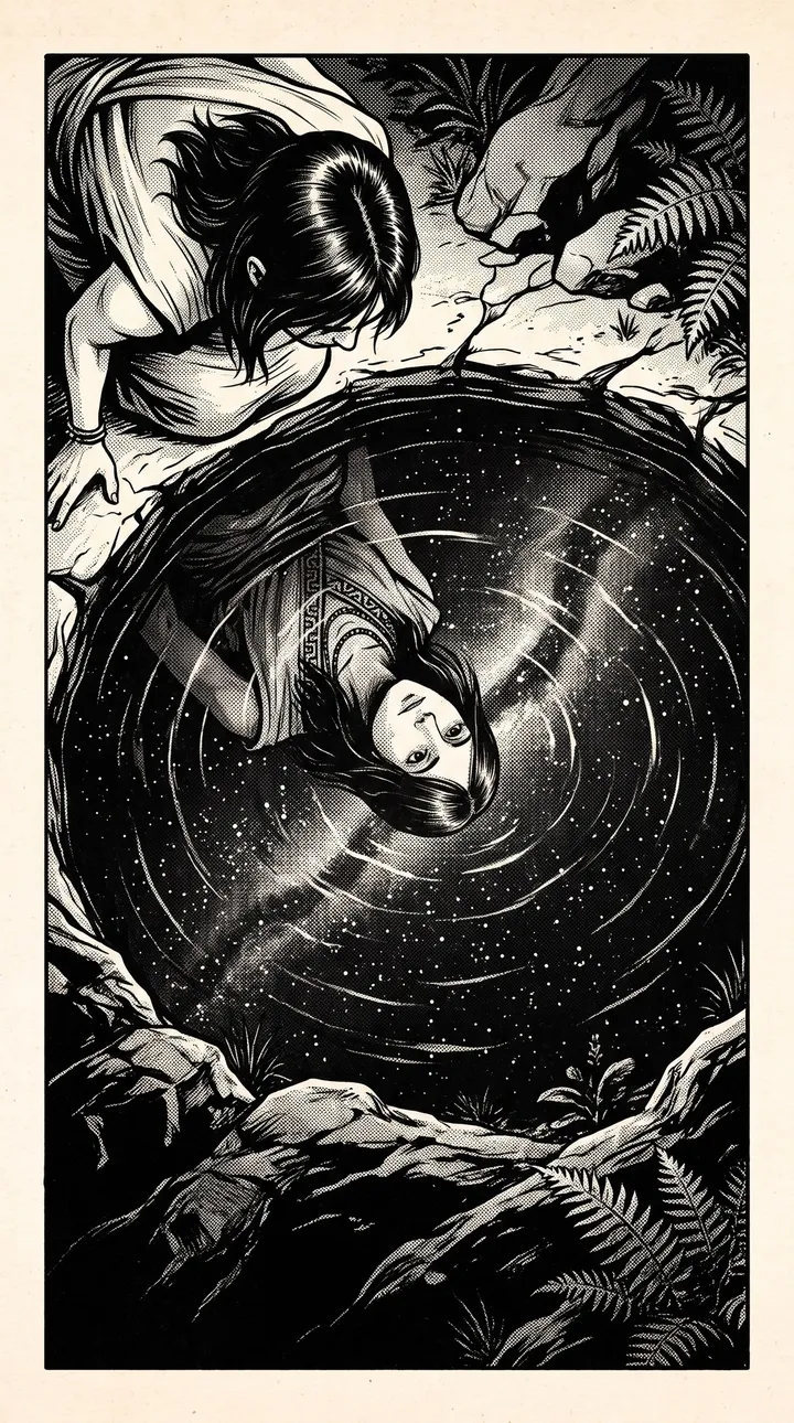 Looking down over their shoulder into the pool: their face reflected in the water, the night sky and the Milky Way behind it.