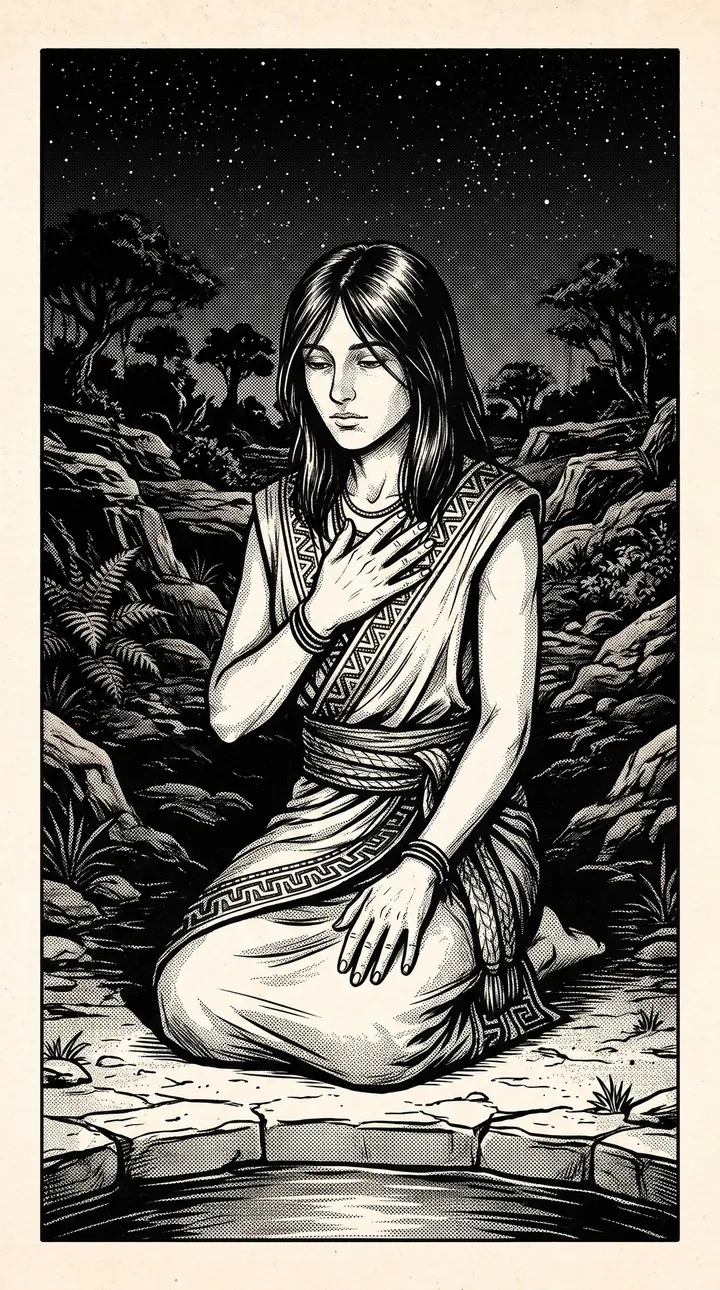 The figure kneels upright beside the pool, one hand pressed flat over their heart, eyes lowered.