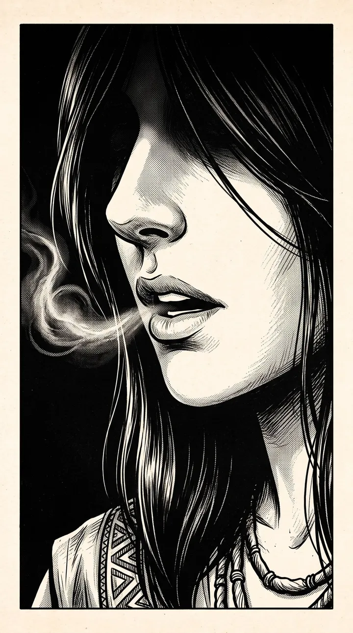 Close on the lower face, lips parted, a curl of breath in the cold air.