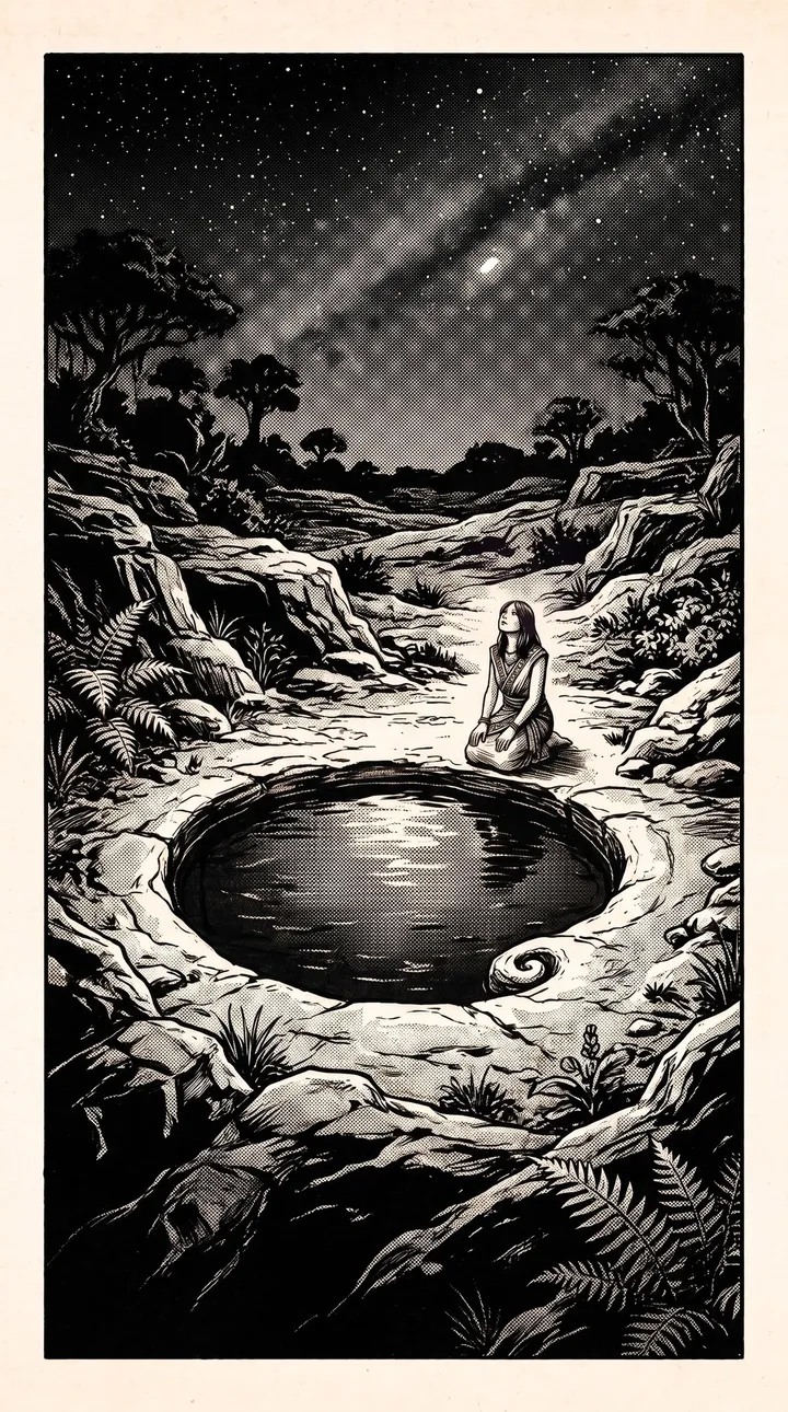 Wide shot of the pool under an immense starfield, the figure small at the edge, head tilted up.