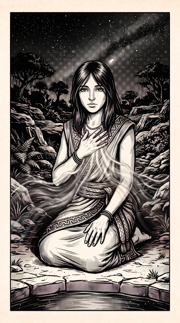The figure kneels with a hand on their heart, looking straight out for the first time. A violet thread rises from their crown, and color spreads from their chest through the scene.