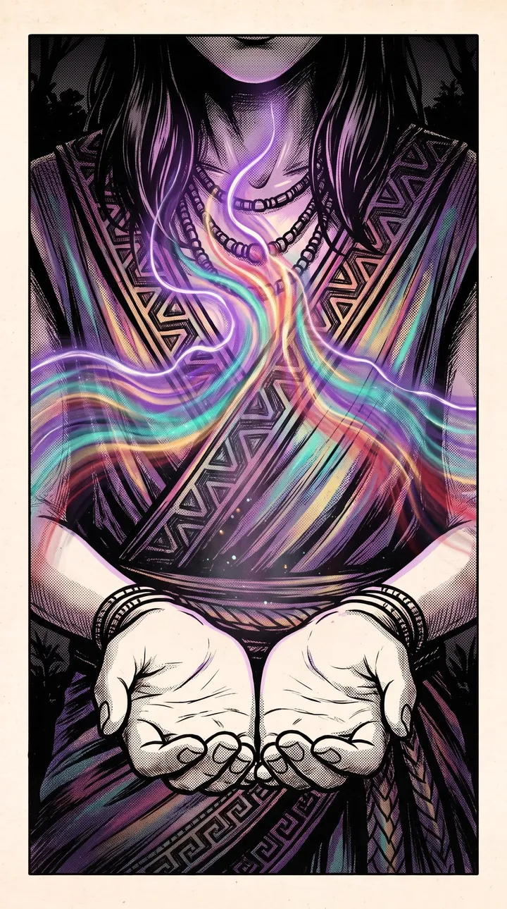 Two cupped hands at chest height. Streams of colored light flow from the chest and gather into a glowing droplet above the palms.