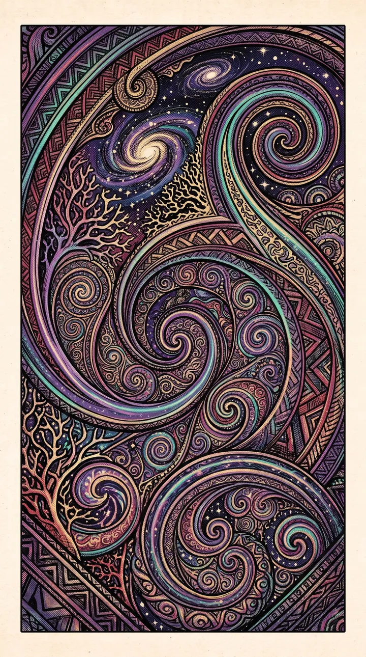 Inside the paisley: endless nested patterns of spirals, coral, galaxies and woven textile in jewel colors.