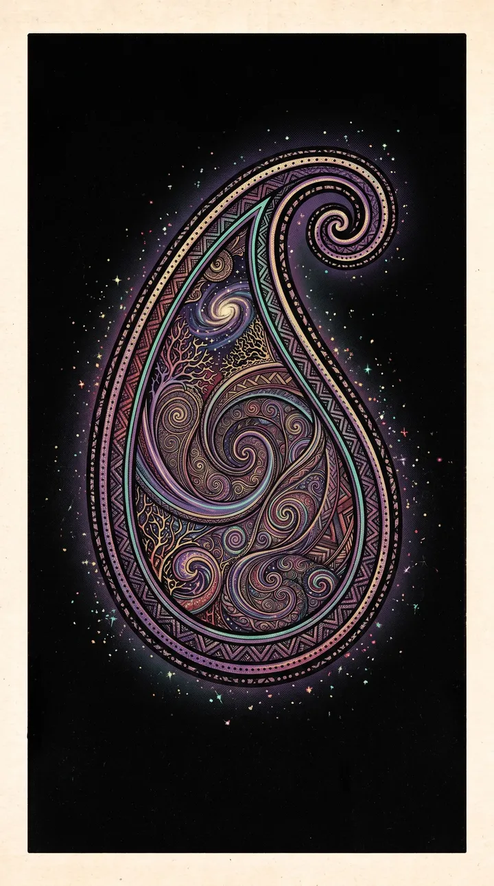 A single paisley glowing alone on black.