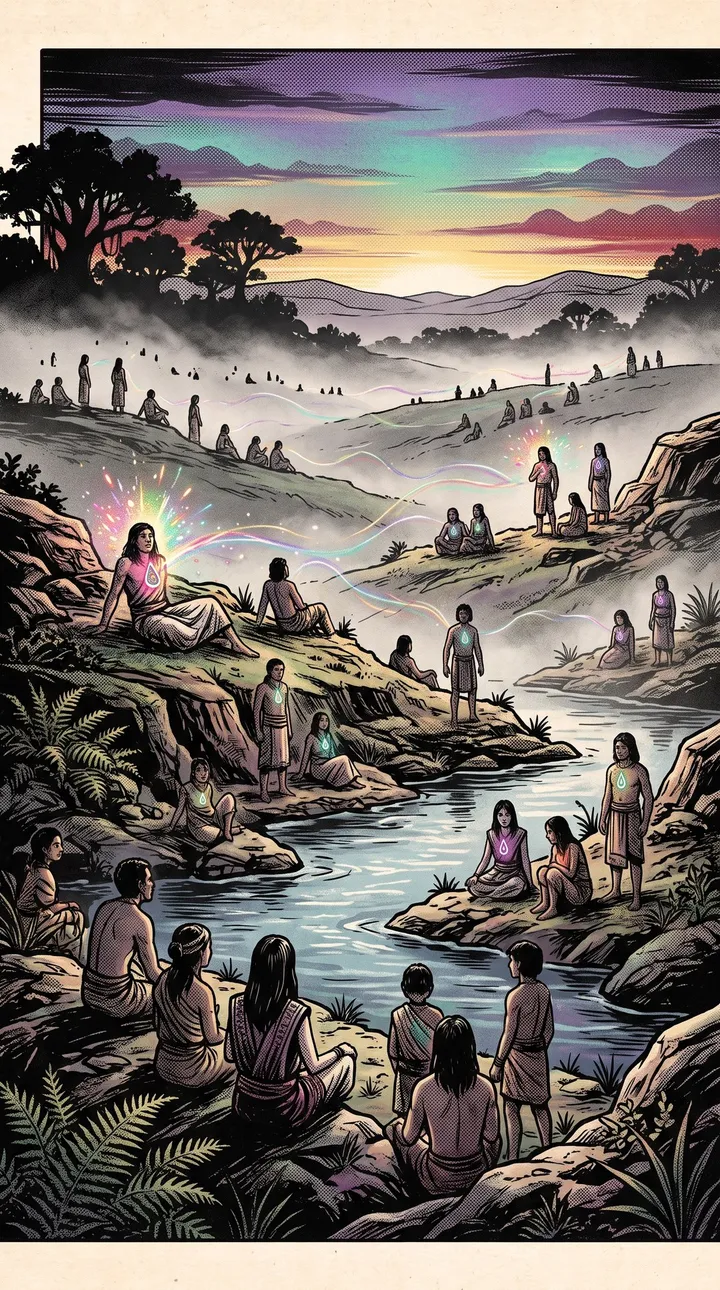 Dawn over hills and a river. Dozens of people wake along the banks, each with a paisley glowing at the chest, some blazing, some faint.