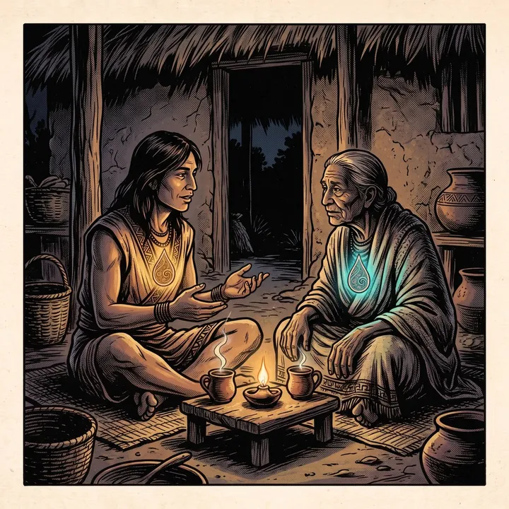 Two people talk over small cups of tea by lamplight, a paisley glowing at each chest.