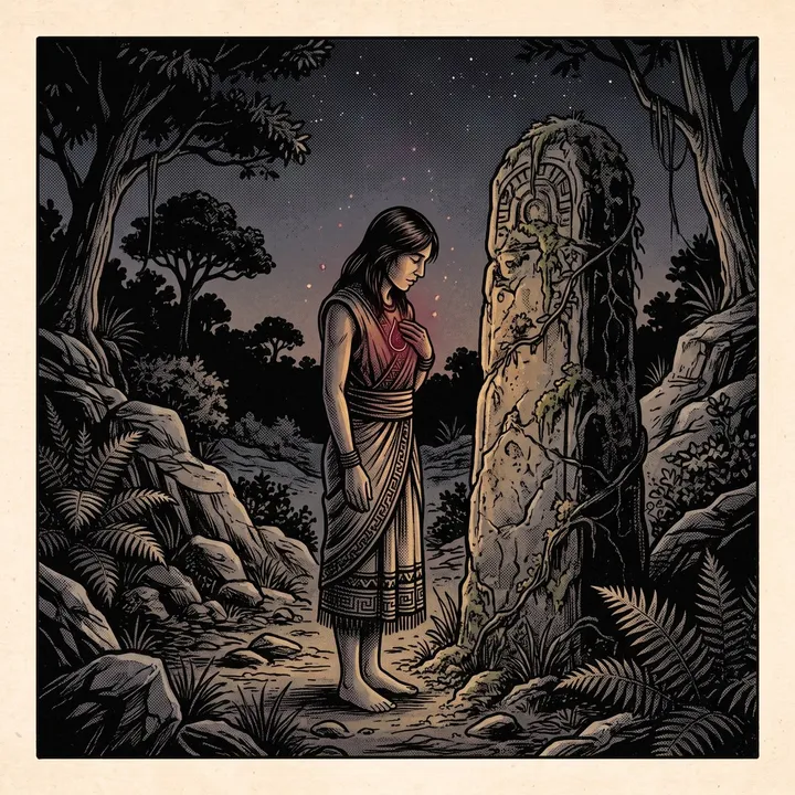 A lone figure stands beside a weathered stone marker, head bowed, the paisley at their chest dim and deep.