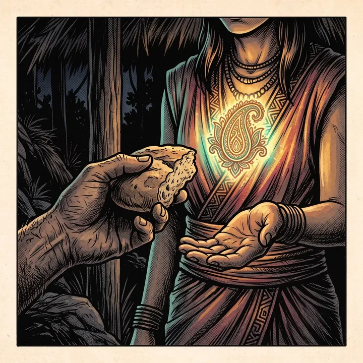 A stranger’s hand offers a piece of bread to an open hand. The paisley at the chest glows brighter.