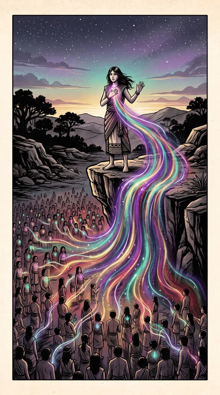 At dusk the goddess stands on a cliff edge, and rivers of colored light pour from her down into a vast crowd below.
