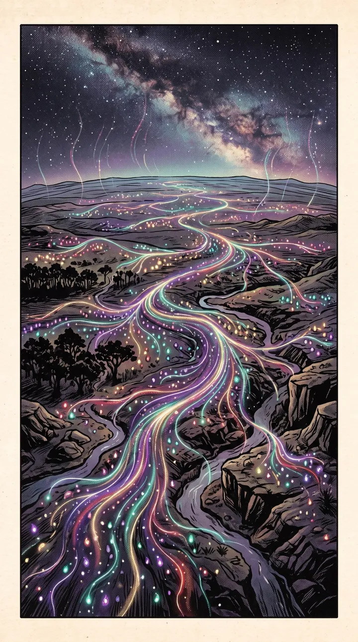 Seen from far above, rivers of colored light wind across a dark land under the Milky Way, with countless paisleys drifting through it like a school of fish.
