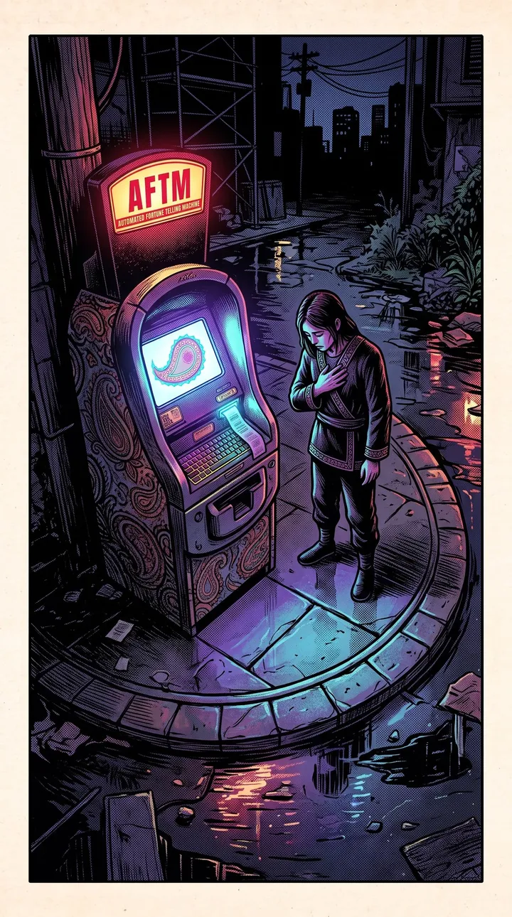 Present day, night. A person stands at a glowing AFTM on a wet street, head bowed, one hand on their chest. A paisley shines on the screen.
