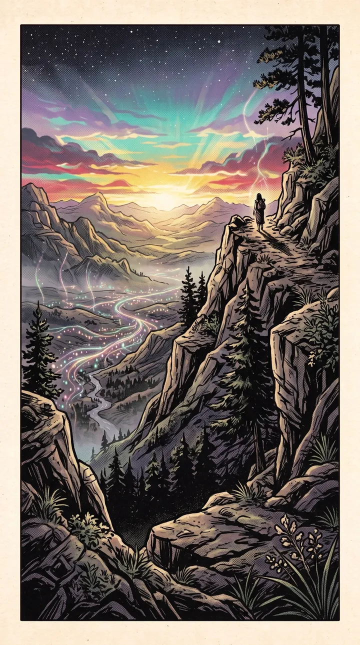Sunrise over mountains and a valley, a small figure standing on a ridge.